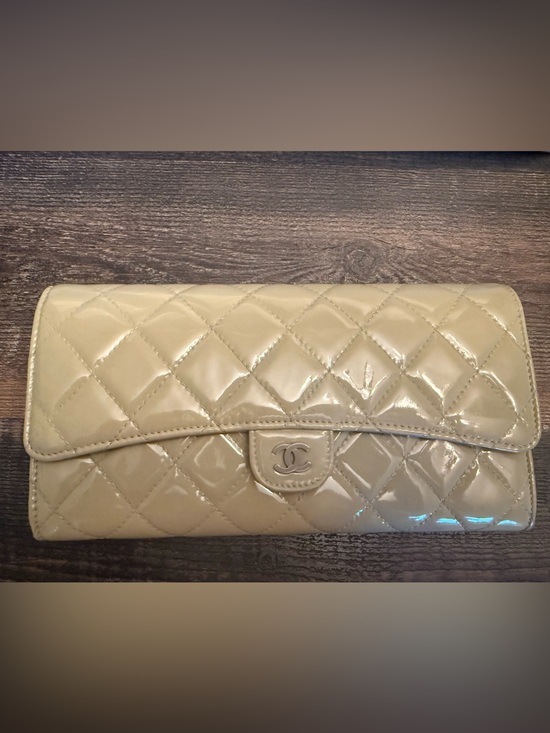 CHANEL Handbags - CHANEL Quilted Patent Leather Long Wallet in Light Beige
